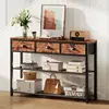 38" Console Sofa Table with 3 Fabric Drawers - Industrial Design with Storage Shelves - Rustic Brown Finish 5