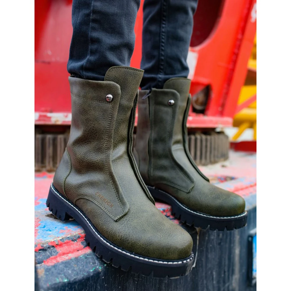 FOH Store Men's Boots GREEN Winter Season Slip On Fashion Outdoor Shoes High Super Quality Comfortable Italian Male Style New White Sewing Outsole Flexible Snow Big Sizes Sneakers Ankle Basic Desert Footwear 027