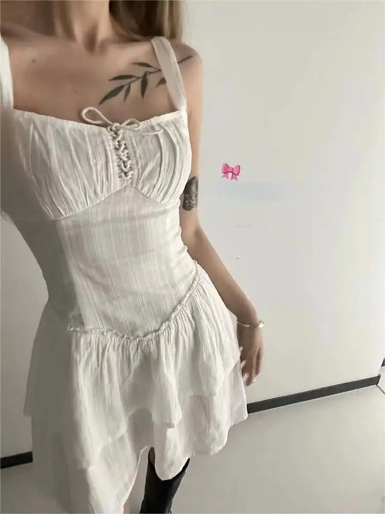 

2023 Casual Summer Female Sling Mini Dress Fashion Solid Color Square Neck High Waist A Line Dress Hot Sell Sexy Dress