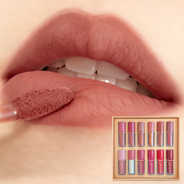 12 rouges à lèvres nude aux finitions brillantes et mates - Rouge à lèvres longue tenue, métallisé et nacré, avec des reflets scintillants et pailletés - Idéal pour un cadeau de Saint-Valentin. 1