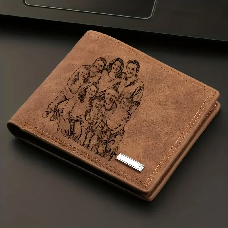 Custom Photo Wallet for Men, Personalized Picture & Text Engraved Bifold Wallet with Multiple Card Slots & Cash Pocket, Vintage
