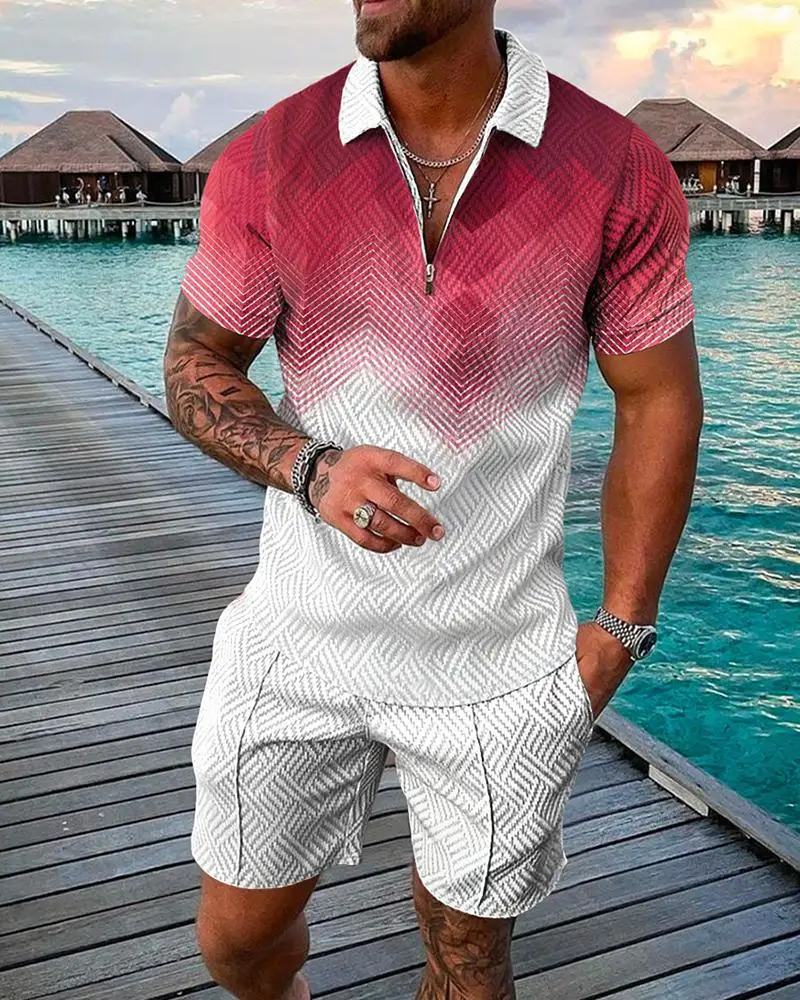 Sports Men's Casual Solid Zip Polo Shirt and Shorts Street Casual Short Sleeve Zip Polo Shirt + Shorts Solid Color Set