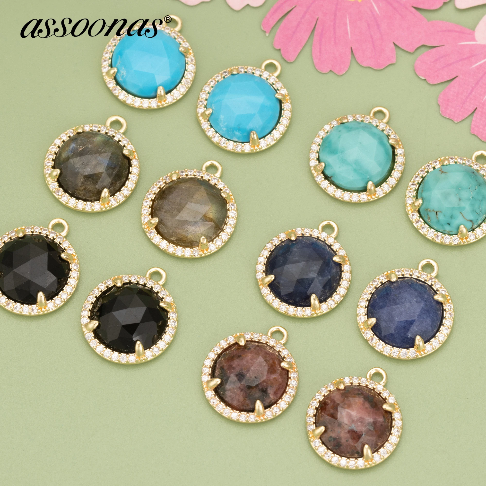 

(MD02) 4pcs 13.3x13.3MM Gold Color Copper and Natural Stone Round Shape Charms Pendants Diy Jewelry Findings Accessories