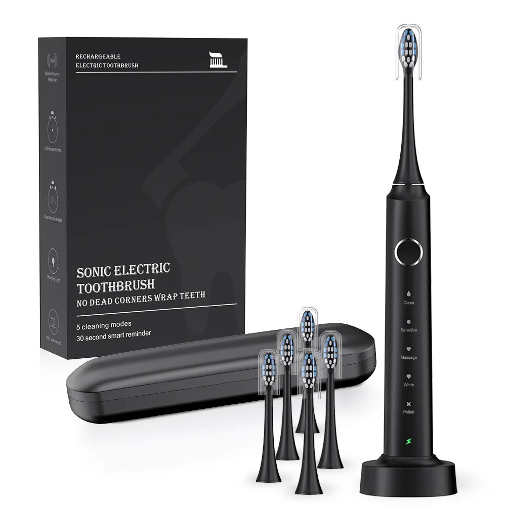 Electric sonic toothbrush USB rechargeable, equipped with 6 replacement heads and 5 levels of long-life toothbrush 6