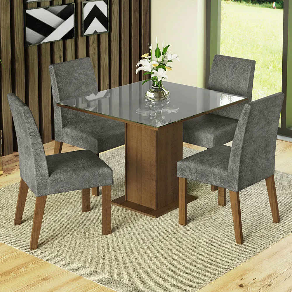 Juego Comedor Mesa Tapa de Vidrio y 4 Sillas Anne Madesa Color Marrón/Gris