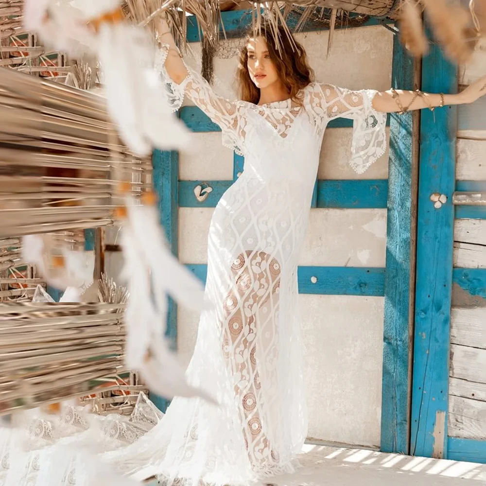 

Альтернативное свадебное платье с вырезом лодочкой для женщин, кружевные платья-трапеции для невесты, богемное пляжное сексуальное строго...