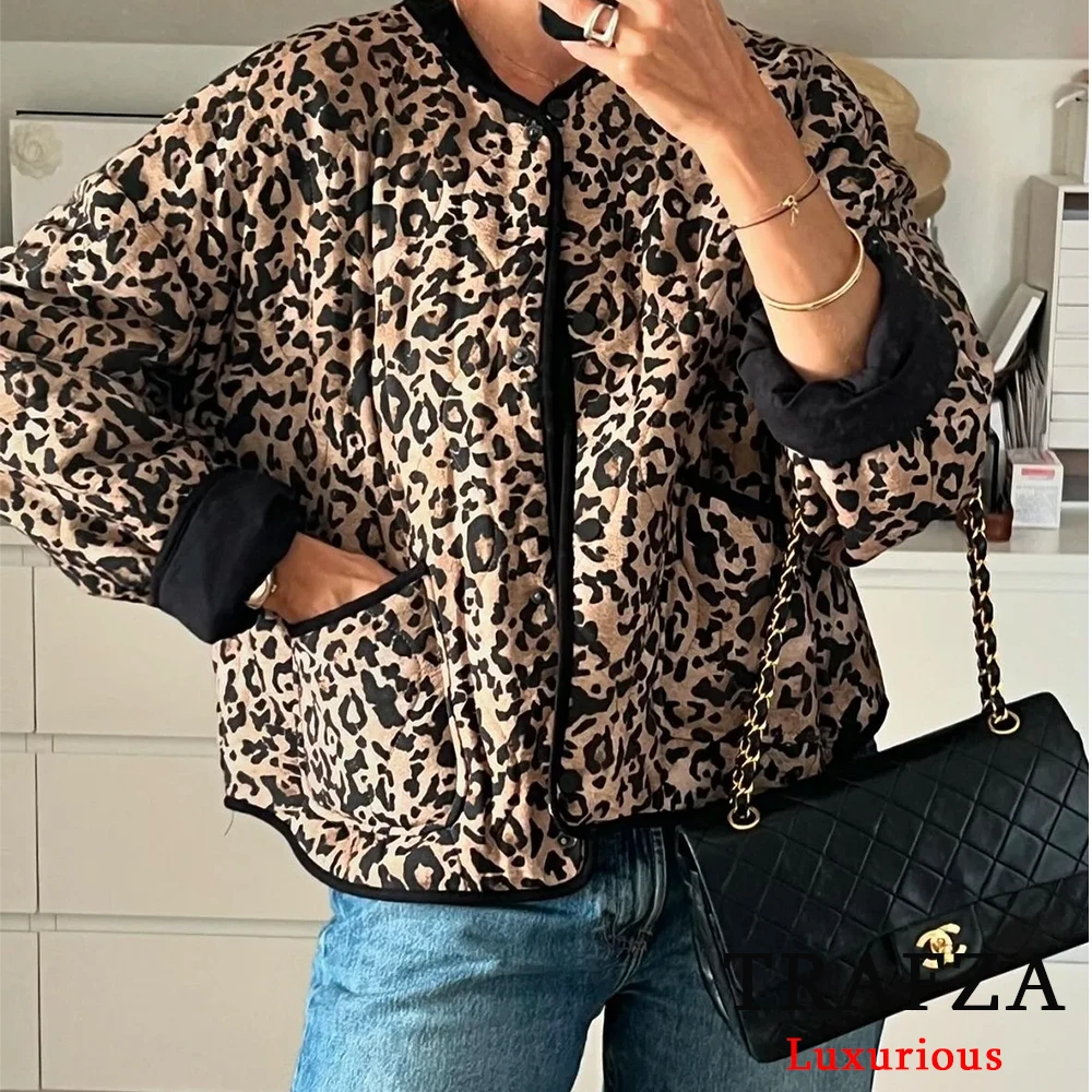 TRAFZA Casual Leopard Print Oversized Jackets Women Long Sleeve O Neck Buttons Coats Fashion 2024 Autumn Winter Female Outwears 4