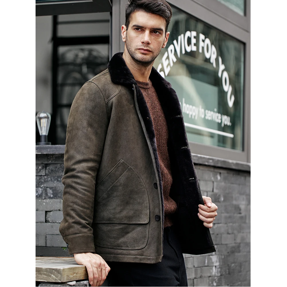 Denny&Dora Mens Shearling Jacket Lapel Collar Leather Jacket Green