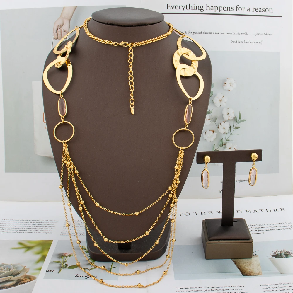 

Fashion Dubai Gold Color Jewelry Set Long Chain African Necklace Drop Stone Earings Wedding Bride Women New Jewelry Party Gift