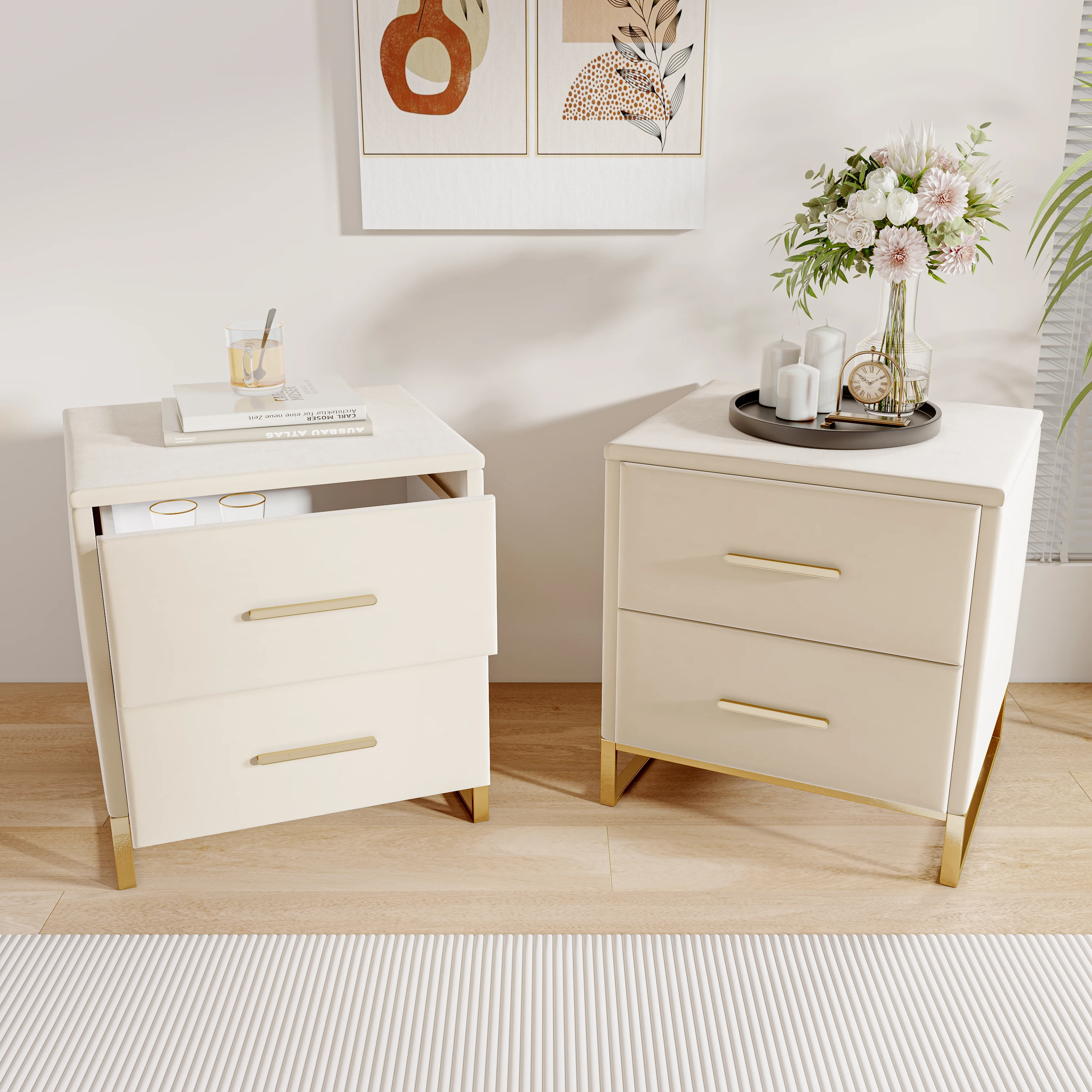 Rosahqnd Nachttisch mit 2 Schubladen, 2er-Set Sofatisch mit Metallfüßen, für Wohnzimmer, Schlafzimmer, Weiß – Detail 1