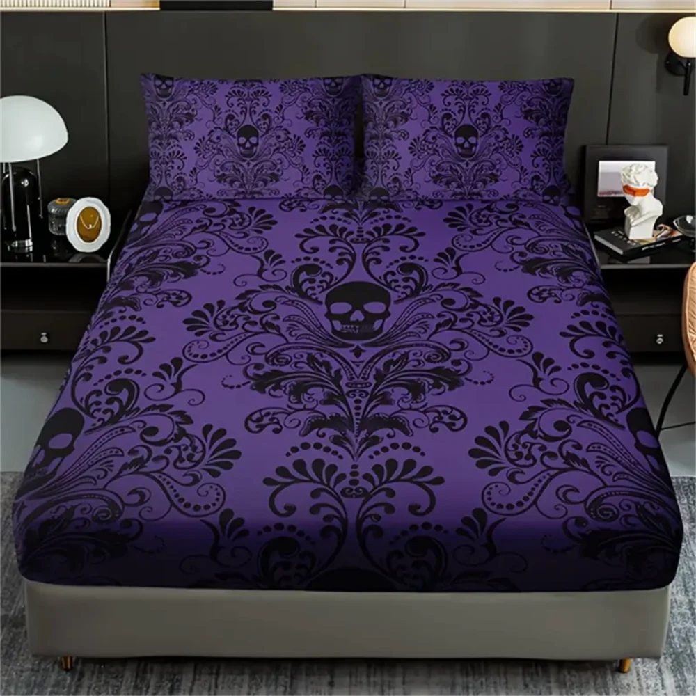 Skull Floral Design 3-Piece Bed Sheet Set - 100% Polyester, Digital Print, Breathable All-Season Fitted Sheet and Pillowcase Set 6