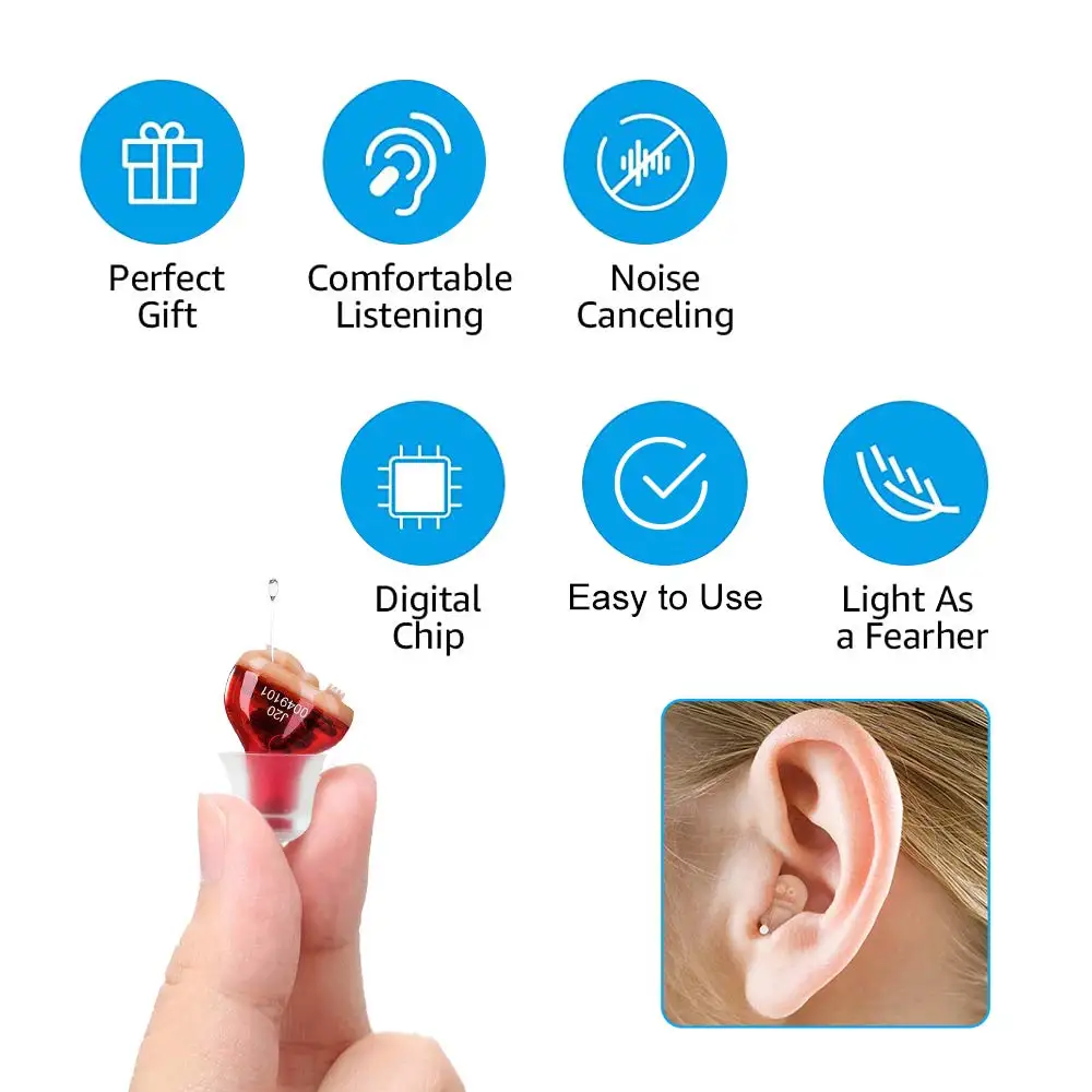 Adult Hearing Aid Mini CIC Personal Inner Ear Device Includes Left and Right for TV and Calls with Portable Case