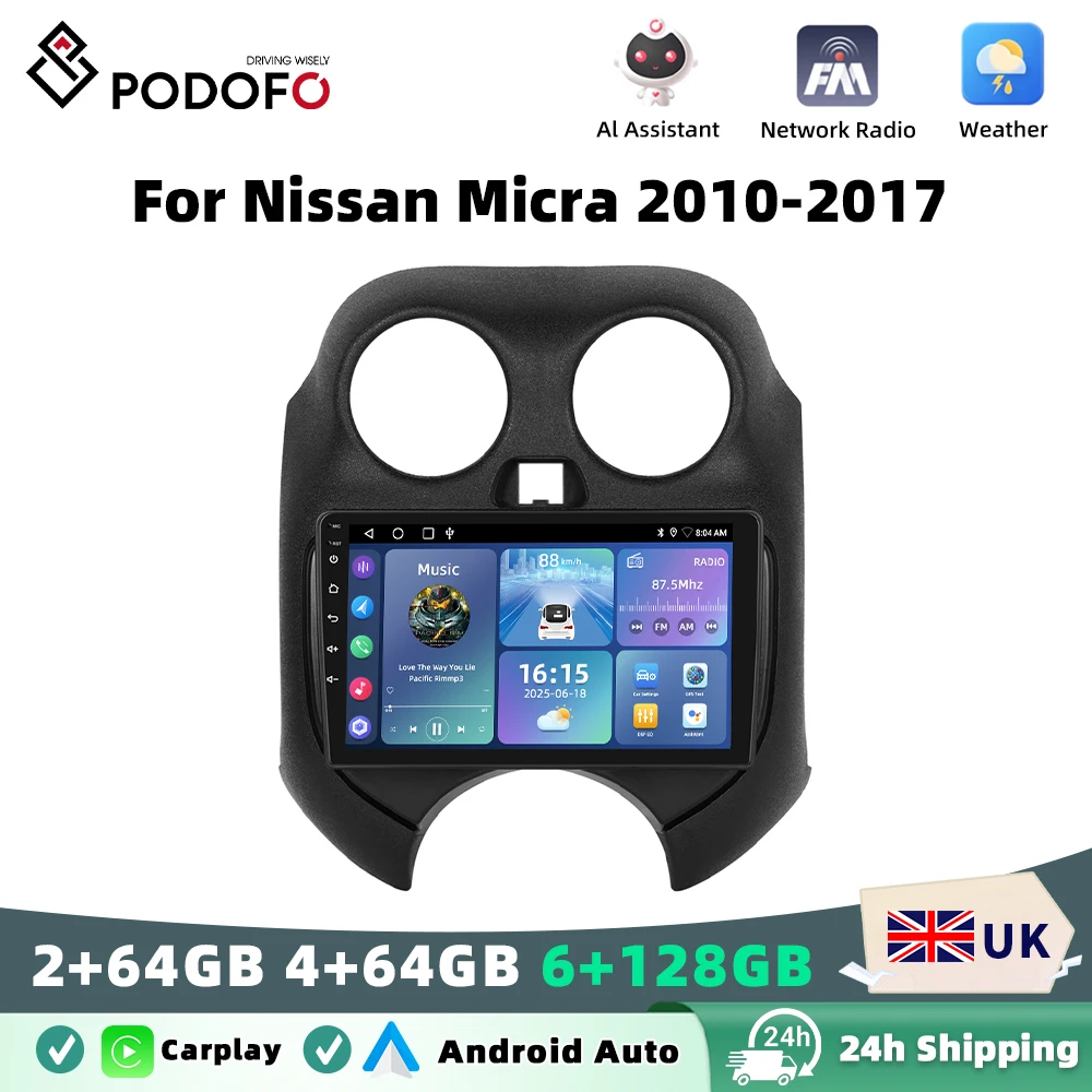Podofo Android Car Radio For Nissan Micra 2010-2017 Carplay Android Auto Multimedia Player GPS Navigation RDS Head Unit