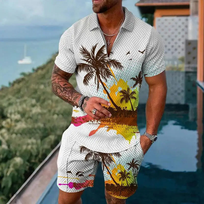Men's Fashion Solid Color Lapel POLO Top + Shorts 2 Piece Set 2022 Sportswear Outdoor Gym Seaside Vacation Hawaii Fast Shipping