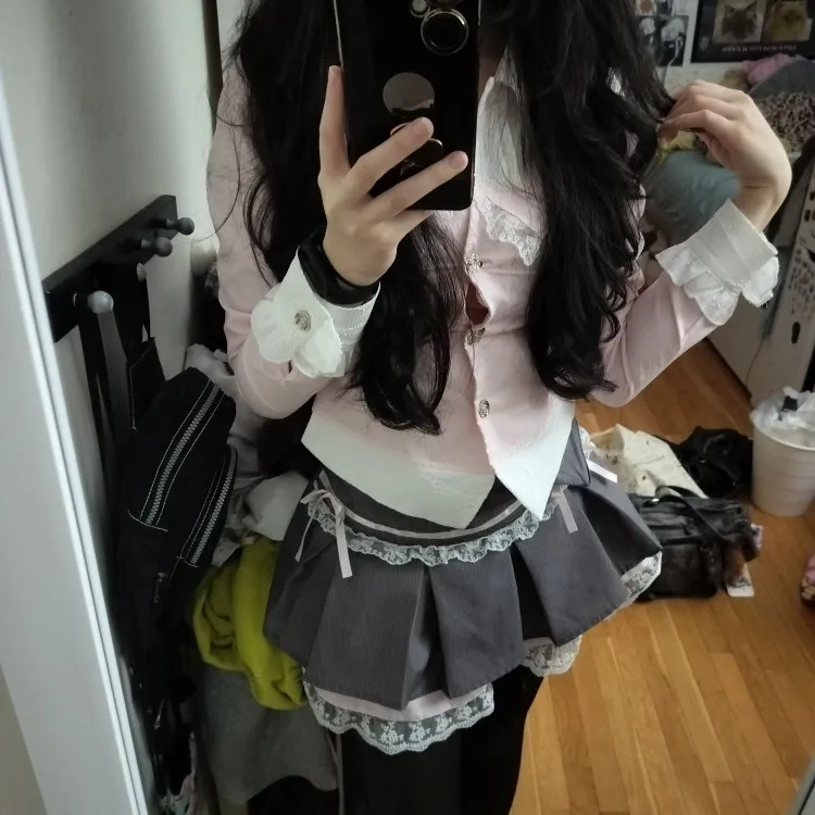 Spring Y2K Princess Outfits Women 2 Piece Sets Sweet Kawaii Bow Tops + Lace Pleated Skirt Female Retro Chic Preppy Style Clothes photo review