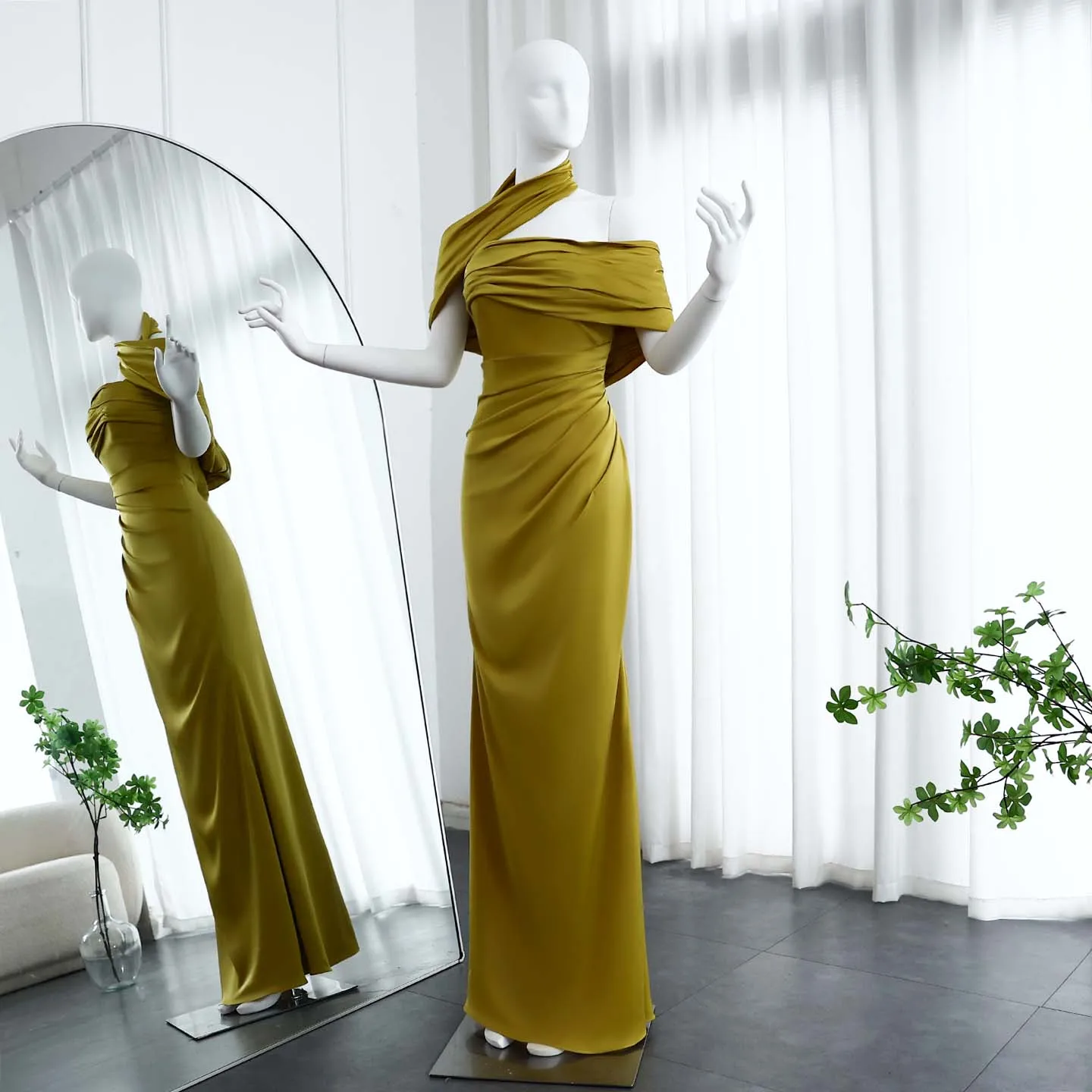 Sharon Said Dubai Halter Gold One Shoulder Evening Dress Elegant