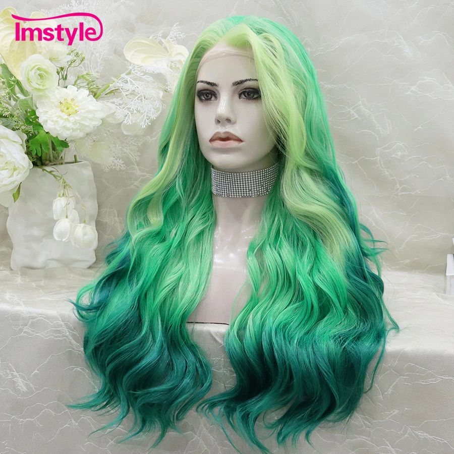 Imstyle Green Wig Long Synthetic Lace Front Wig Wavy Ombre Wigs Women Heat Resistant Fiber Highlight Cosplay synthetic wig