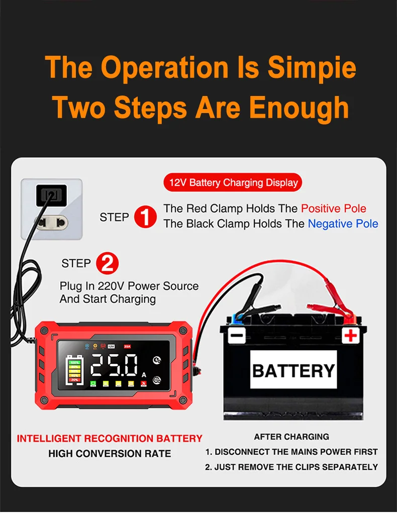 EAFC 12V Autobatterieladegerät 25A Pulsreparatur Großes LED-Display Intelligentes Ladegerät Batterie für Auto Motorrad Alte Batterien – Detail 10