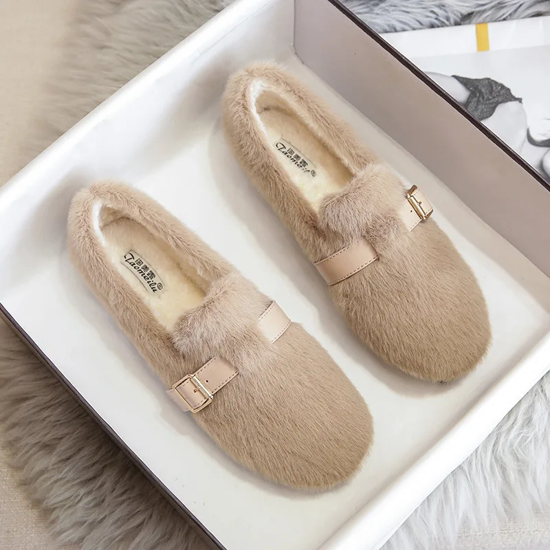 Winter Warm Women&rsquo;s Plush Flat Shoes belt buckle mary jane Ladies casual boat shoes Outdoor office wear