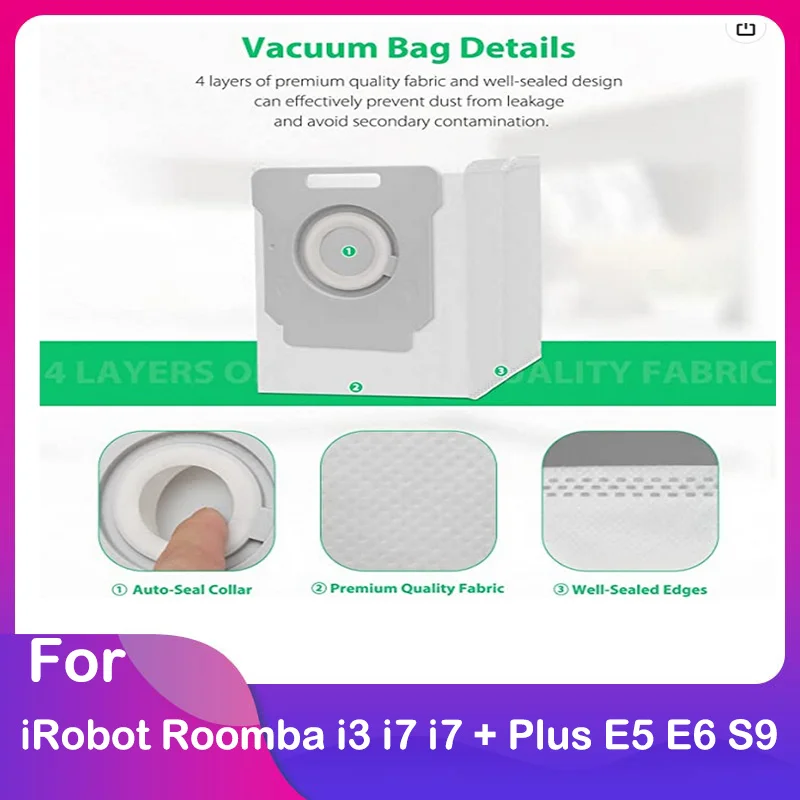 Dust Bag for iRobot Roomba i3 i7 i7+ Plus 7550 i8 8150 i4 i6 j7 7150 E5 E6 S9 Plus Robotic Cleaner Accessories Spare Parts Kits main side brush hepa filter mop cloth accessories for roborock s7 t7s plus s70 s75 s7max s7maxv vacuum cleaner spare parts