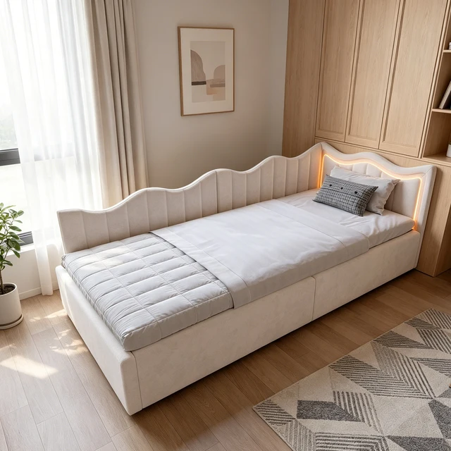 Canapé lit rembourré 90x200 avec éclairage LED, lit banquette 1 place, Lit Coffre avec sommier à Lattes et Rangement, lit simple pour enfant, sans Matelas 1