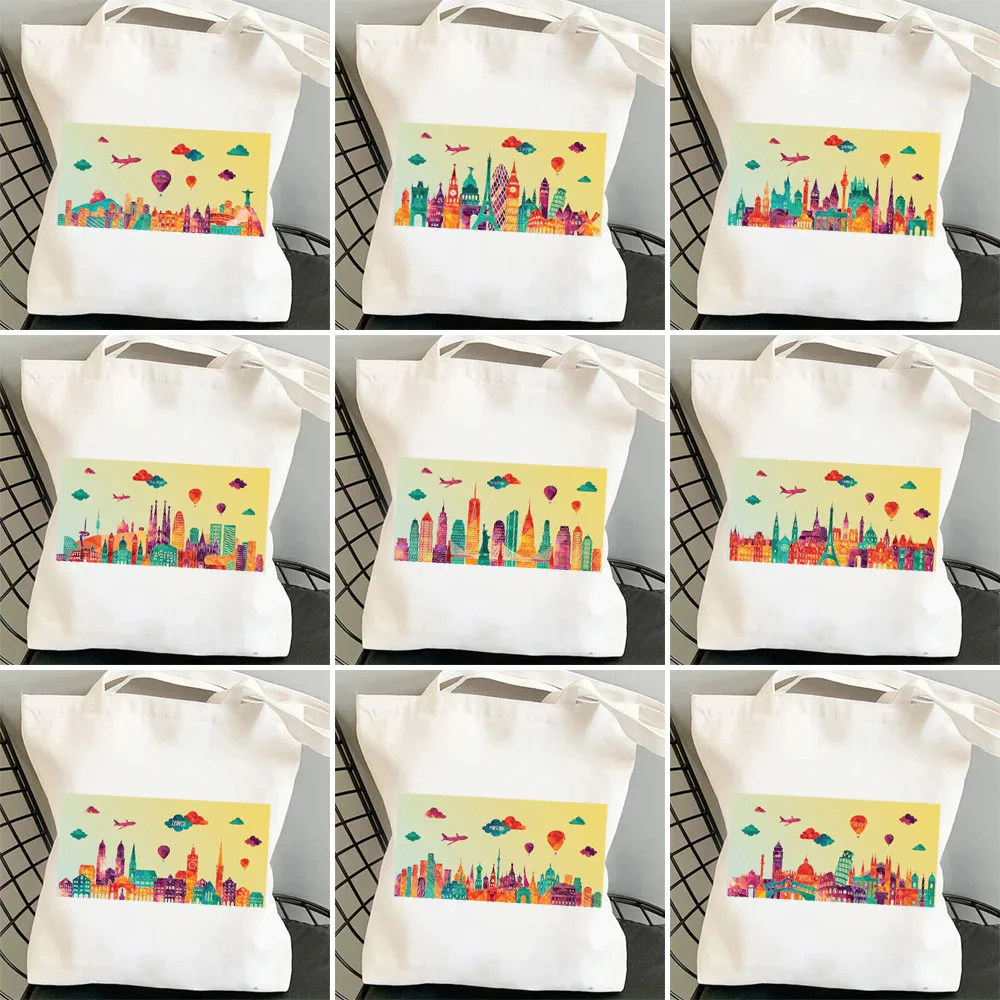 

World City Skyline Rome Paris Berlin London Illustration Tote Bags Gift Shopping Canvas Reusable Large Capacity Shoulder Bag