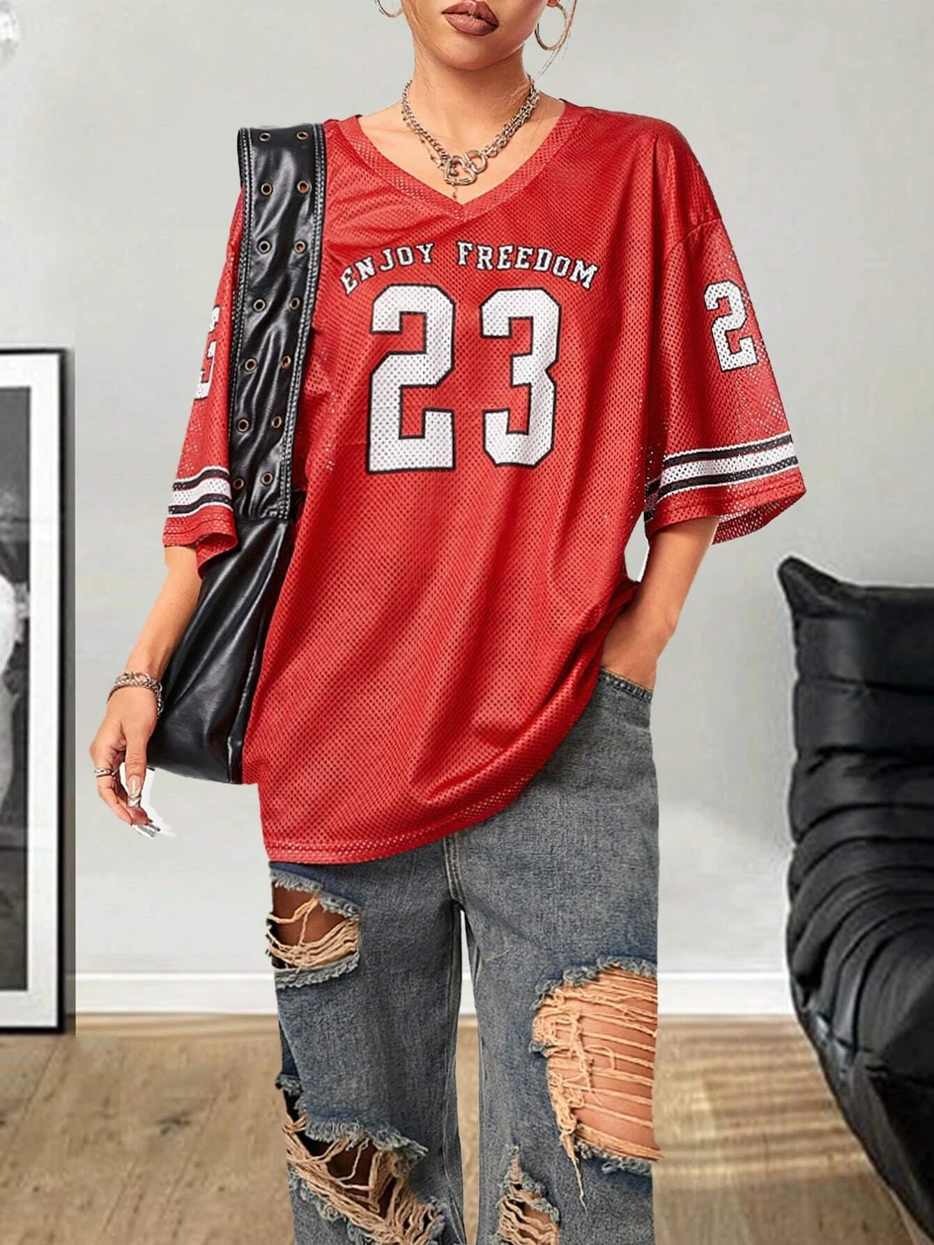 2024 Summer New Enjoy Freedom Print T-Shirt For Women V-Neck Short