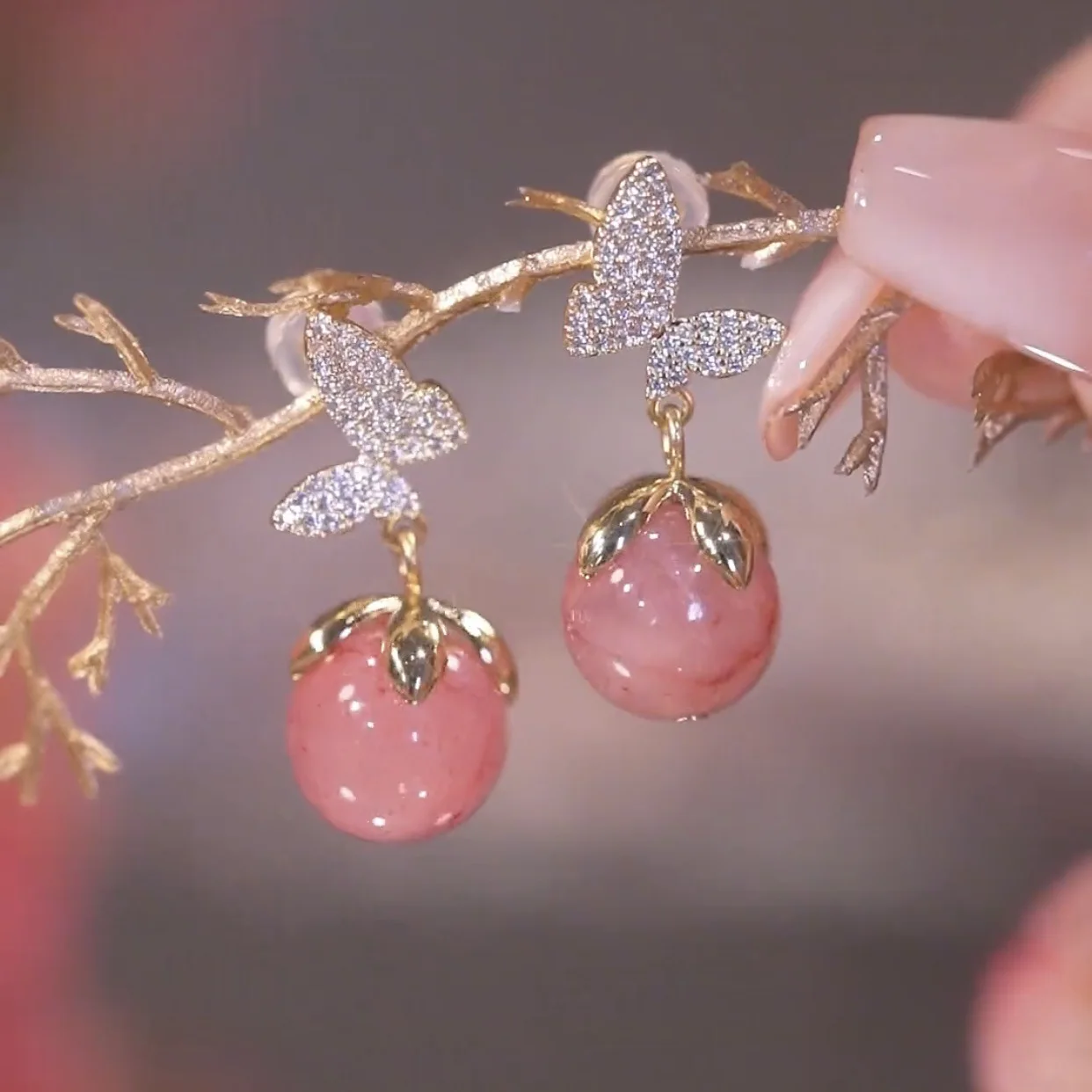[APROPOS] 韓国☆10K Gold☆Pink Ribbon 3 Earrings Rose Ribbon Crystal Long Chain Drop Earrings by Somese • 14k