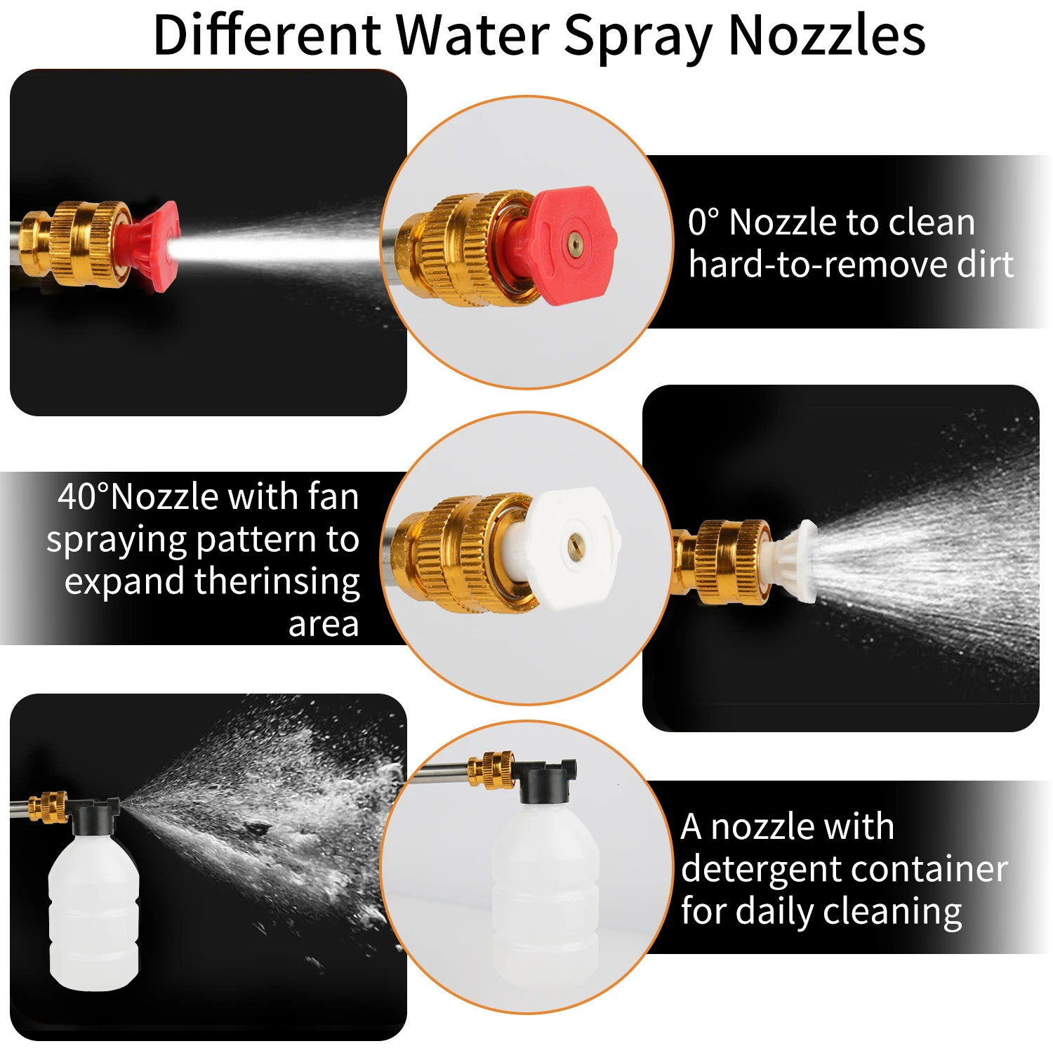 Set med tillbehör inklusive slang, munstycke och koppling