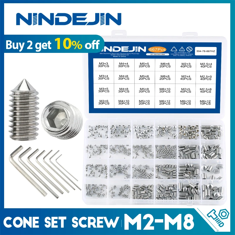 382/667pcs Hex Hexagon Socket Cone Point Set Screw Assortment Kit M2 M2.5 M3 M4 M5 M6 M8