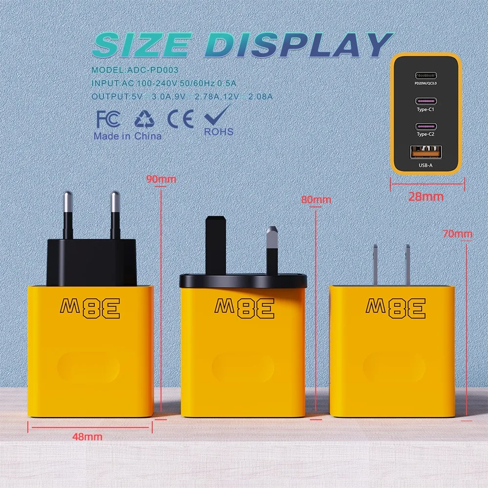 3 Ports PD Charger USB C Charger 38W Fast Charging Type C QC3.0 Quick Charger EU/US Plug Wall Adapter for iPhone 15 Xiaomi POCO