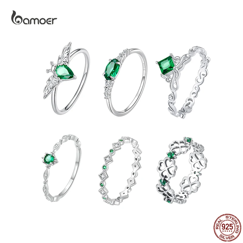 

Bamoer Floral Emerald Rings 925 Sterling Silver For Women Green Zircon Four-leaf Clover Bee Finger Ring Anniversary Jewelry Gift