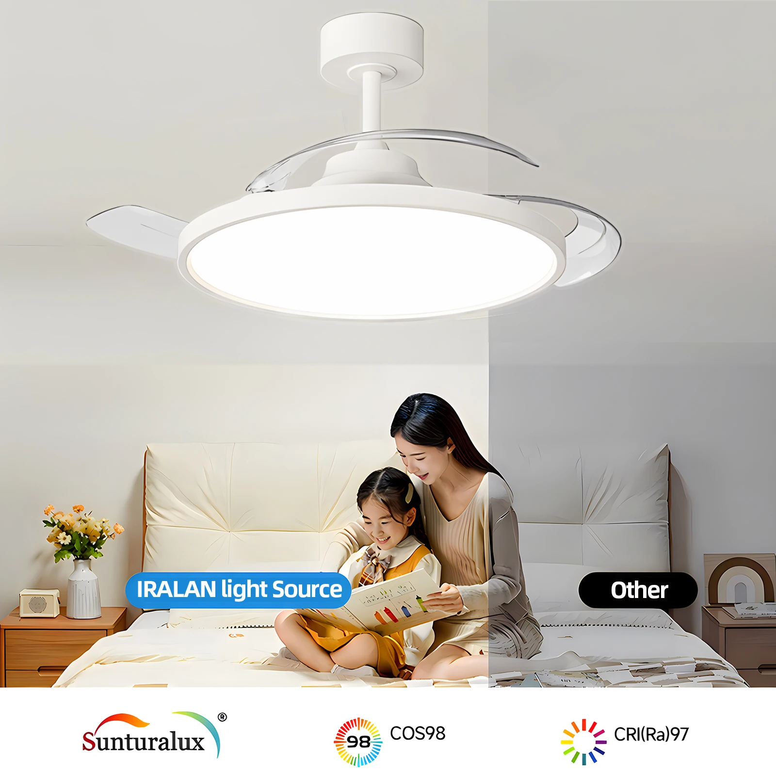 Retractable Ceiling Fan with Lights Remote Control Dimmable 42/48 Inch Modern invisible Ceiling Fan Bedroom Dinning Room 6 Speed
