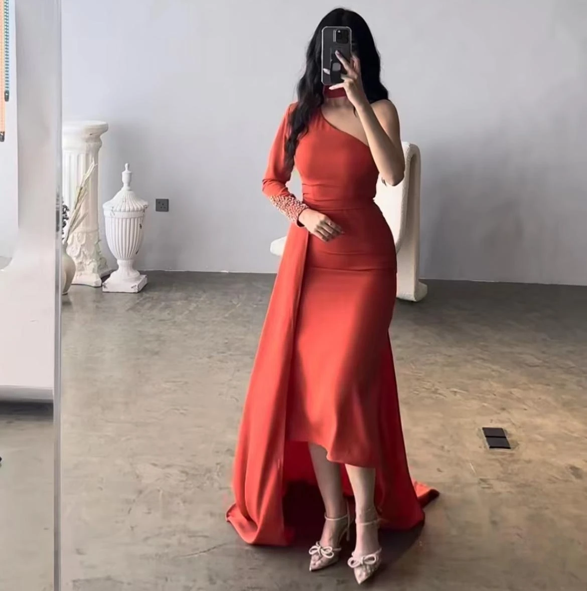 

Fashionvane Halter One Shoulder Beaded Long Sleeve Prom Dresses Short Saudi Arabia Women Party Evening Gown Detachable Train