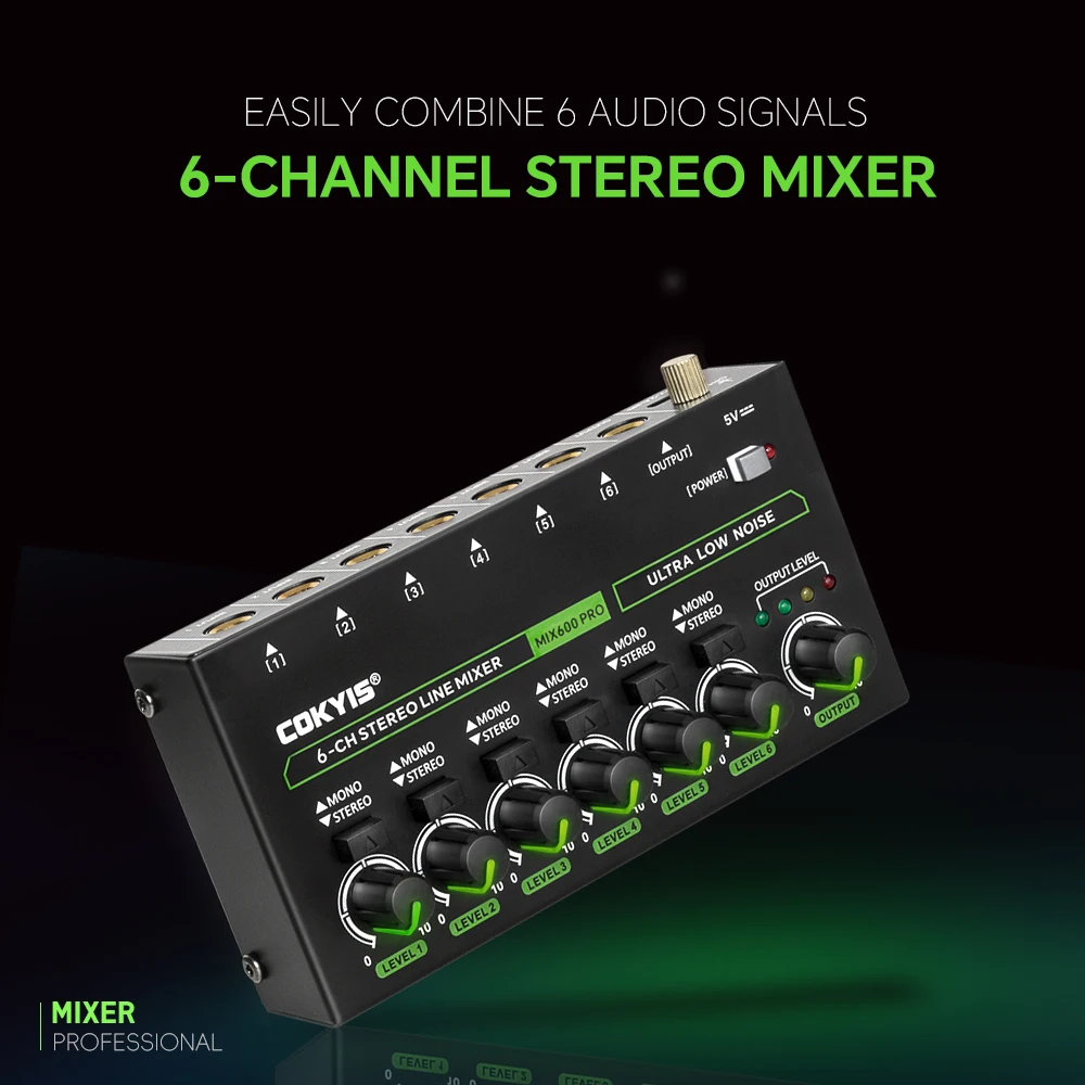 MIX600-PRO Ultra-Low Noise 6-Channel Stereo Line Mixer with RGB Lighting High-Fidelity Audio for Studio and Professional Use