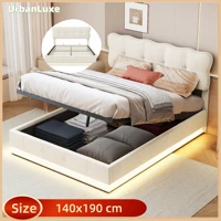Кровать Urban Luxe 140х190 см с местом для хранения вещей, светодиодная световая полоса, реечный каркас кровати, односпальная кровать Velvet Beige