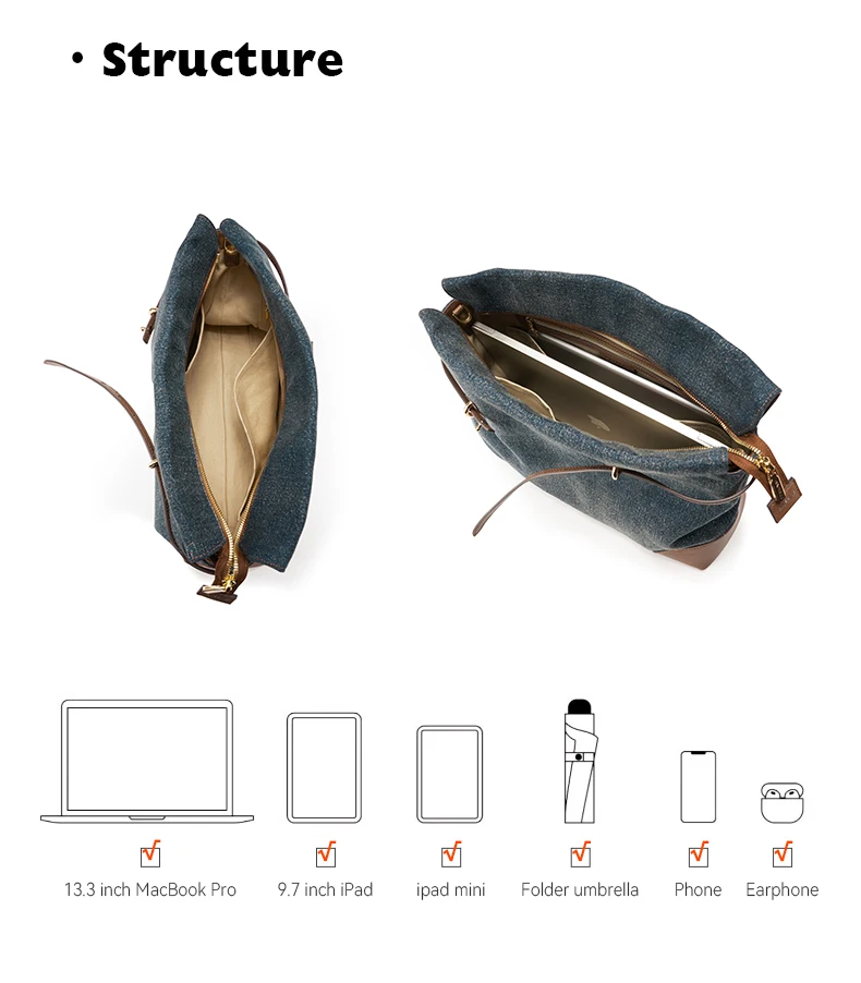 Denim bag interior zipper pocket