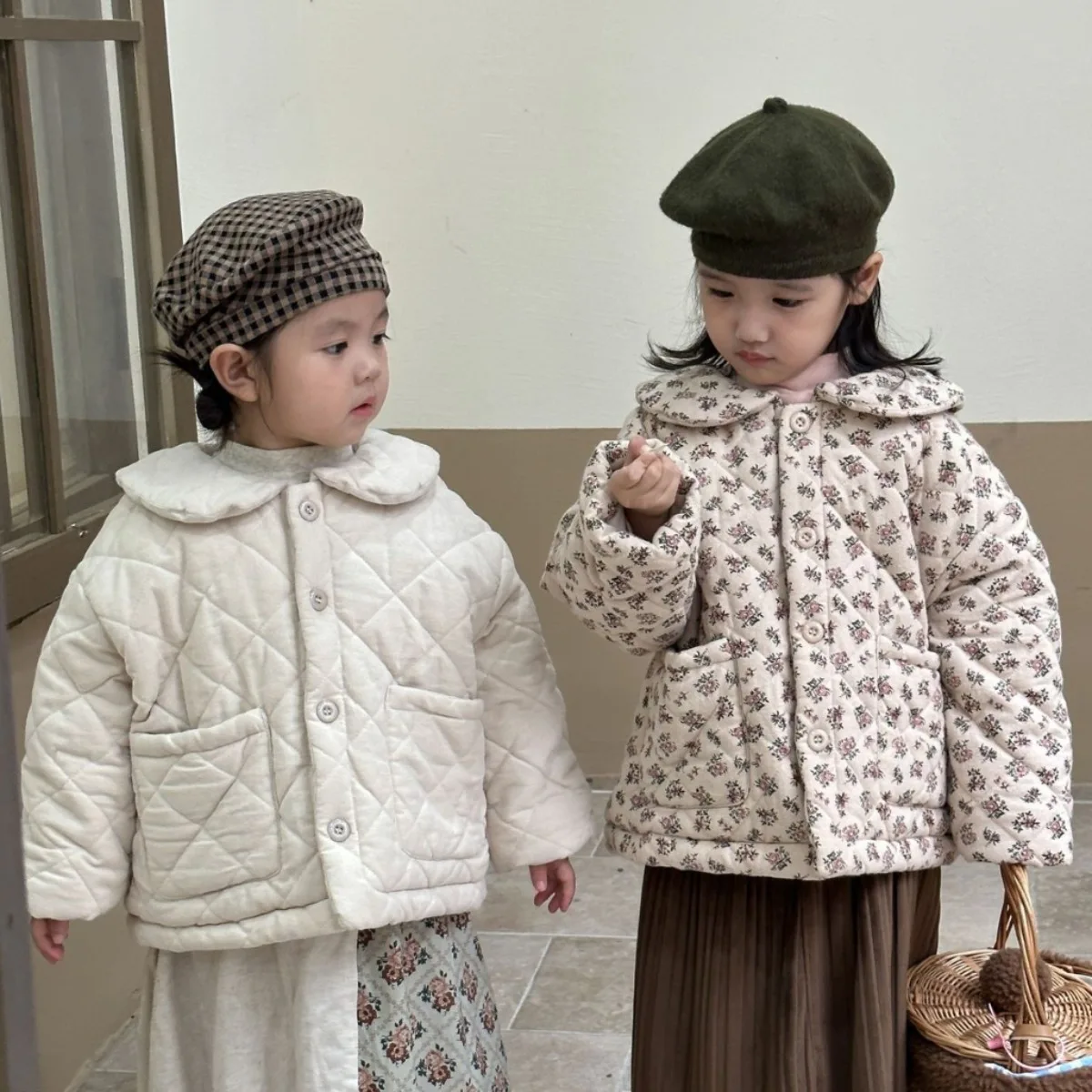 

Korean Baby Kids Cotton-padded Clothes Winter Girls Children Peter pan Collar Floral Fleece Lined Thick Quilted Cotton Coat