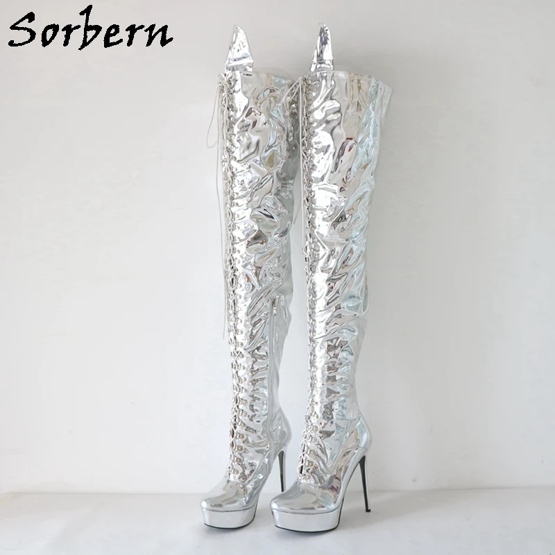

Sorbern Silver Metallic Long Boots Women Mid Thigh High Over The Knee High Heel Lace Up Platform Boot Custom For Drag Queens