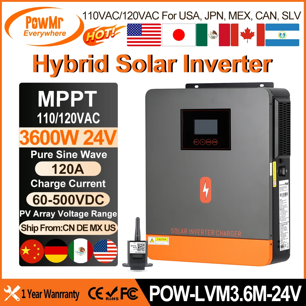 PowMr 3.6KW HYBRID SOLAR INVERTER 24V to 110V 120V PURE Sine WAVE 120A MPPT คอนโทรลเลอร์ชาร์จพลังงานแสงอาทิตย์สําหรับ 60 ~ 500V แผงพลังงานแสงอาทิตย์ 1