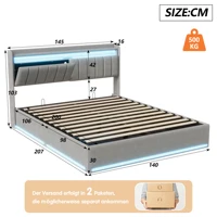 Кровать 140х200 см с решетчатым каркасом, светодиодной подсветкой и портом для зарядки, изголовье с местом для хранения вещей, бархат, Серый — изображение 6