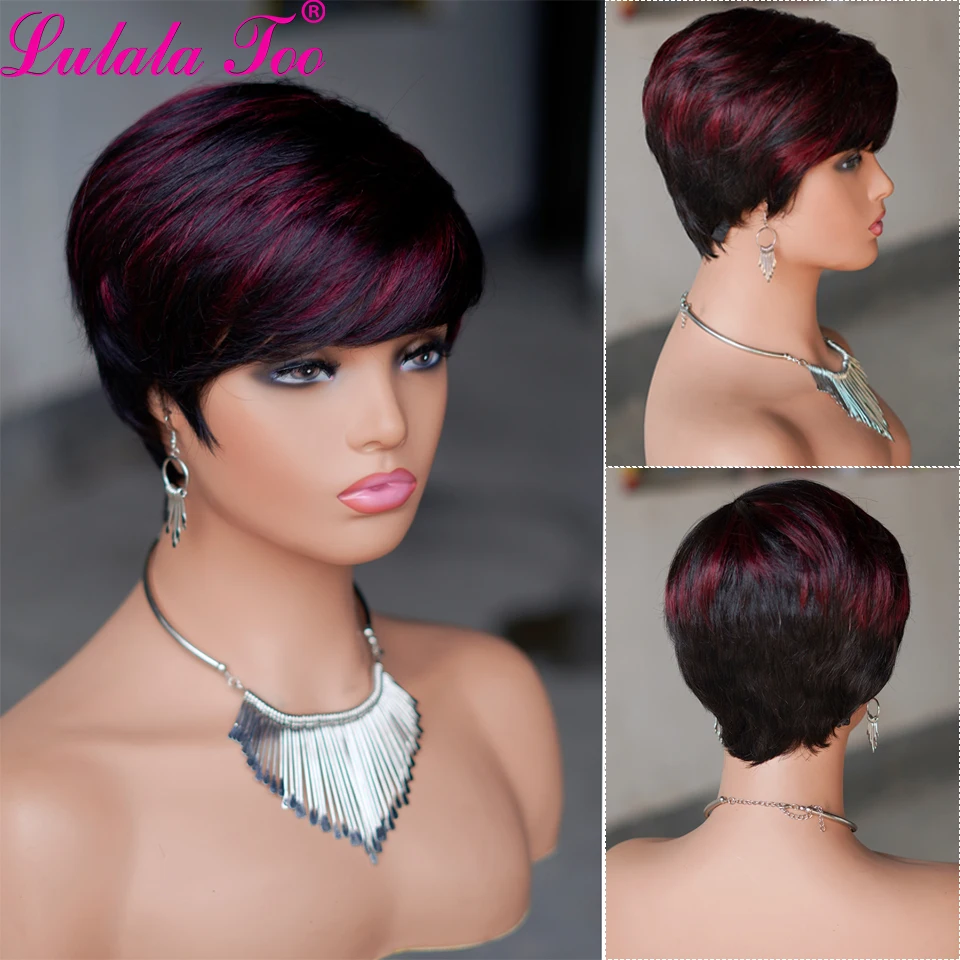 Short Pixie Cut Brazilian Remy Human Hair Wigs Glueless Straight Hair Color Full Machine Made Bob Wig With Bangs