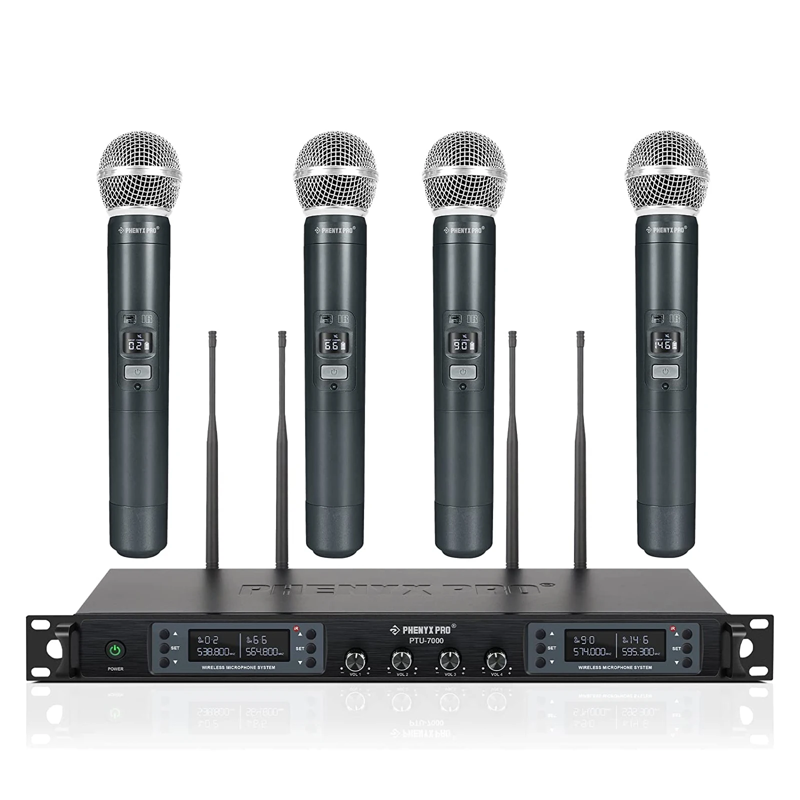 UHF 전문 무선 마이크, Phenyx Pro 4 채널, 자동 스캔, 선택 가능한 주파수, 금속 100M, 노래 교회 PTU7000 