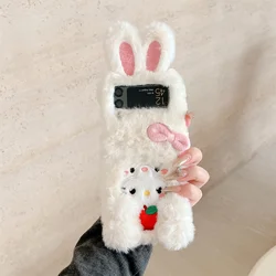 Charming White Rabbit Plush 3D Bow Phone Case with Wrist Strap and Anti-Drop Protection for Z Flip 3 (NF033-1)