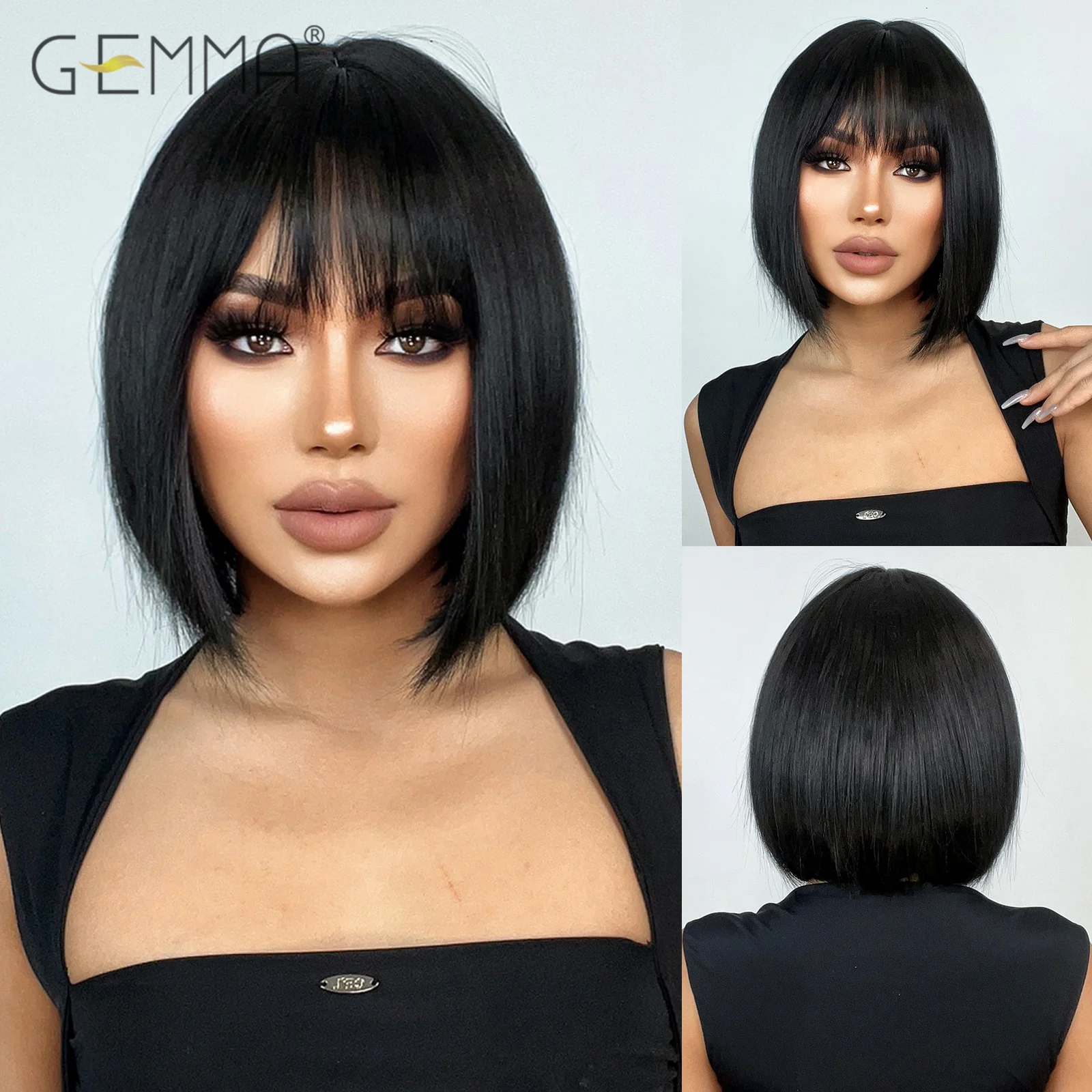 GEMMA Bob Synthetic Wigs Short Black Hair Wig with Bangs for American Women Natural Cosplay Party Daily Heat Resistant Fibre