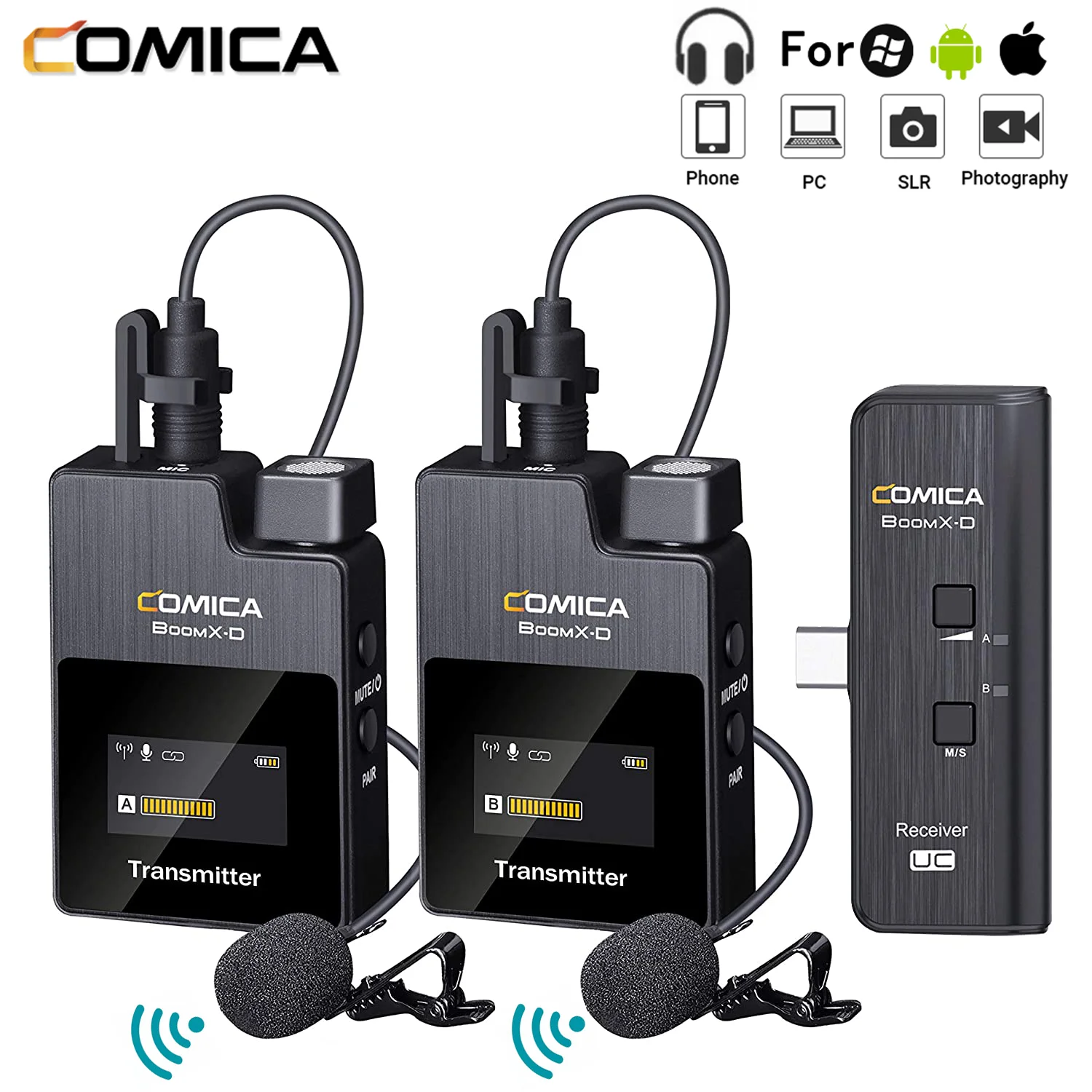 Micrófono inalámbrico Comica BoomX-D UC2 2.4G para teléfonos tipo C, micrófono Lavalier dual, 2 transmisores 1 receptor, micrófono Lav, para Samsung Galaxy Xiaomi HUAWEI, Podcast YouTube Facebook transmisión en vivo