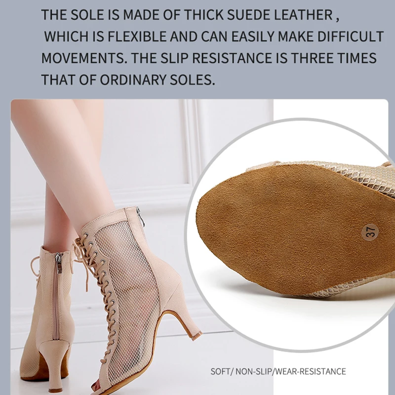 Woman Flannel Mesh Latin Dance Shoes Heels Suede Leather Lace Up Stiletto Bootie for Women Beige Booties for Heels Classs