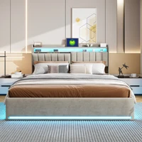 Кровать 140х200 см с решетчатым каркасом, светодиодной подсветкой и портом для зарядки, изголовье с местом для хранения вещей, бархат, Серый — изображение 2