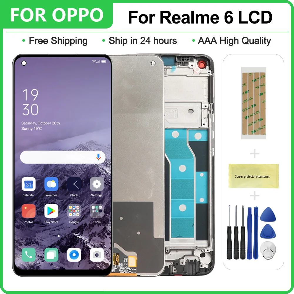 

6,5 "оригинальный для Oppo Realme 6 RMX2001 ЖК-дисплей кодирующий преобразователь сенсорного экрана в сборе Замена для Realme 6 экран с рамкой