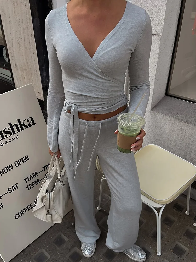 Absobe Autumn Winter Loose Pants Leisure Suit Women Flare Sleeve Crop Cardigan Top Lace-up Solid 2 Piece Set Fashion Outfit 3